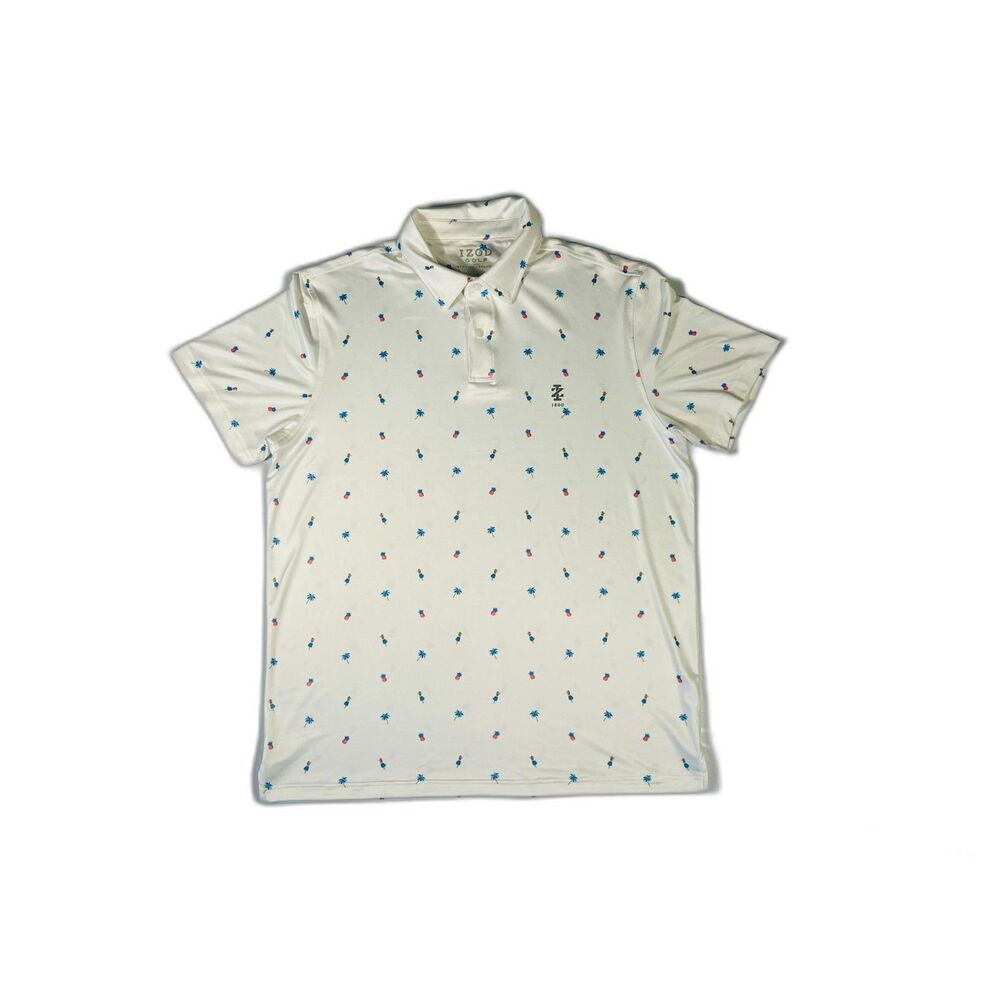 IZOD Mens Golf Stretch Poly Hula Pineapple Palm Tree Polo Shirt Large Preppy
